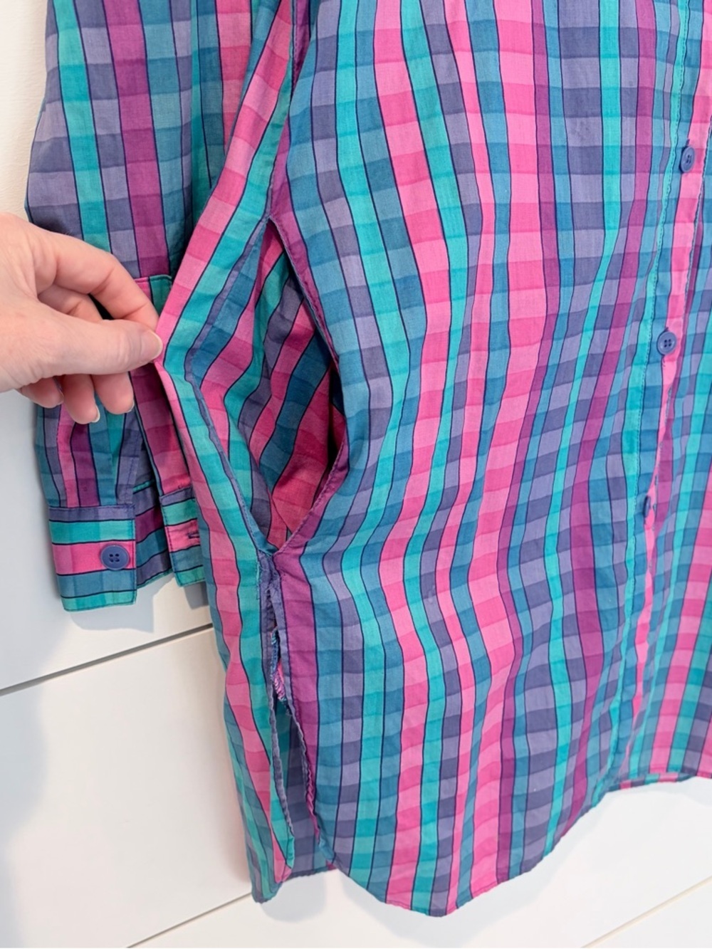 Vintage Gottex Plaid Shirt Dress Cotton Preppy Coastal Core Pockets Womens S - Picture 4 of 9